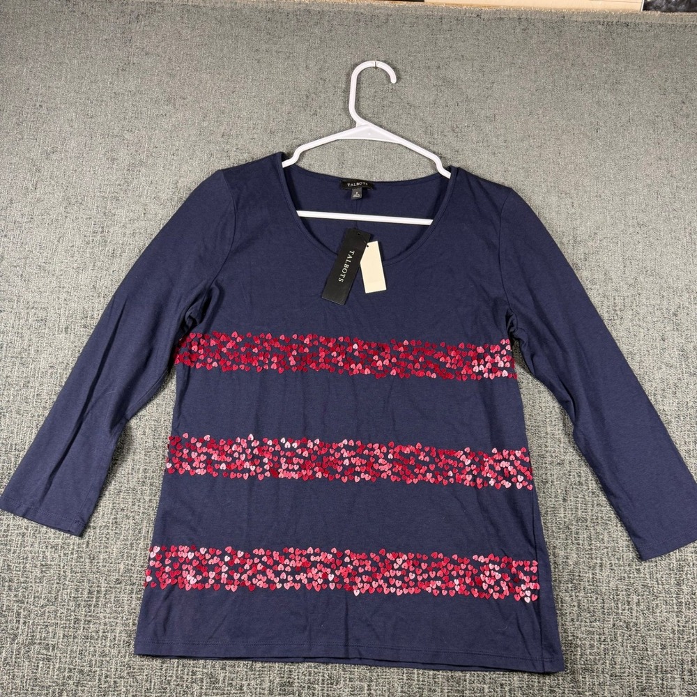 Talbots Womens Navy Blue Sequin Heart Stripe Long Sleeve Scoop Neck Tee Size S